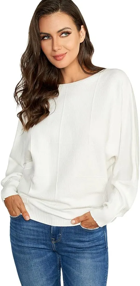 Ckikiou Women Cute Spring Fall Boatneck Batwing Soft Knitted Sweater for Women Casual Loose Long Sleeve Ribbed Pullover Top
