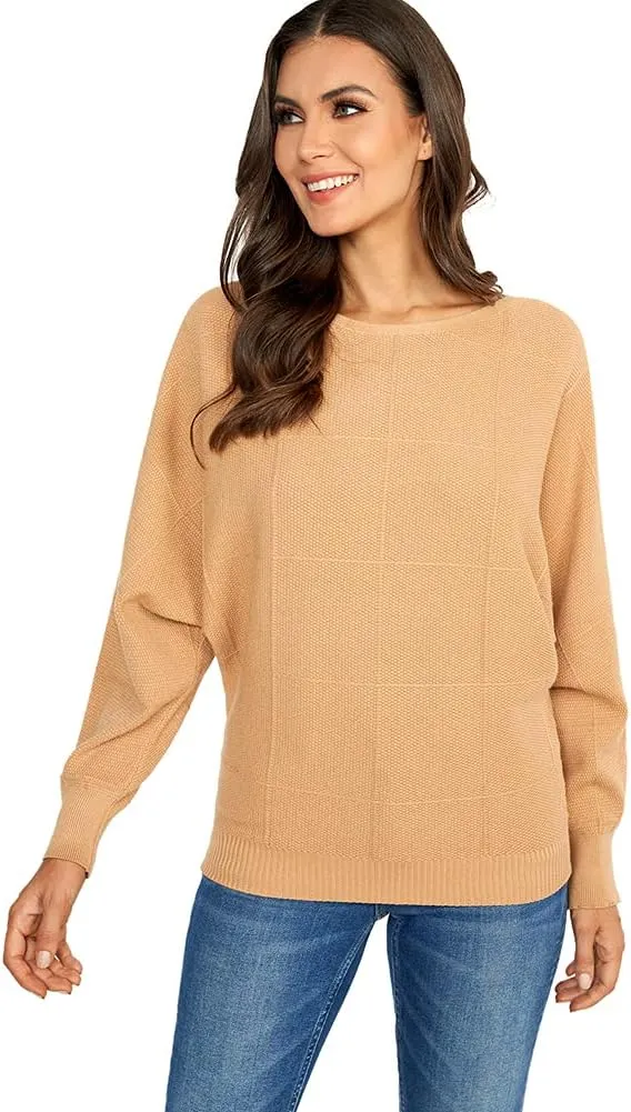 Ckikiou Women Cute Spring Fall Boatneck Batwing Soft Knitted Sweater for Women Casual Loose Long Sleeve Ribbed Pullover Top