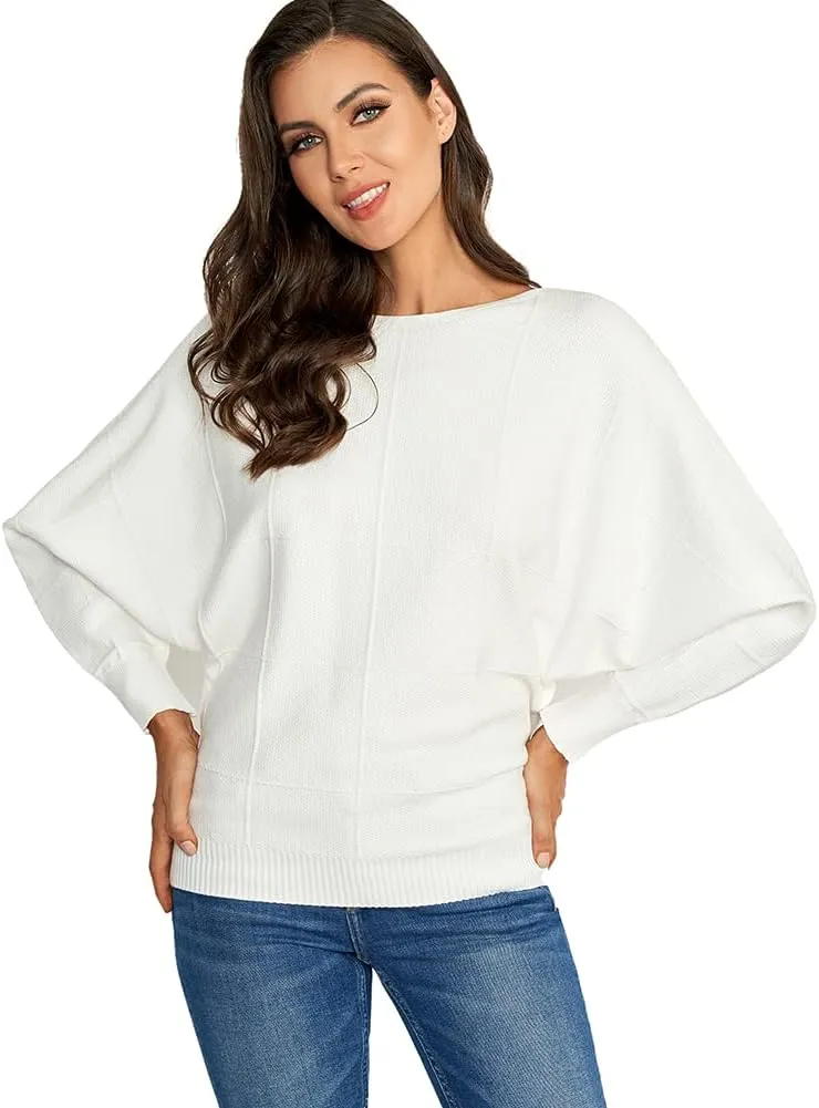 Ckikiou Women Cute Spring Fall Boatneck Batwing Soft Knitted Sweater for Women Casual Loose Long Sleeve Ribbed Pullover Top