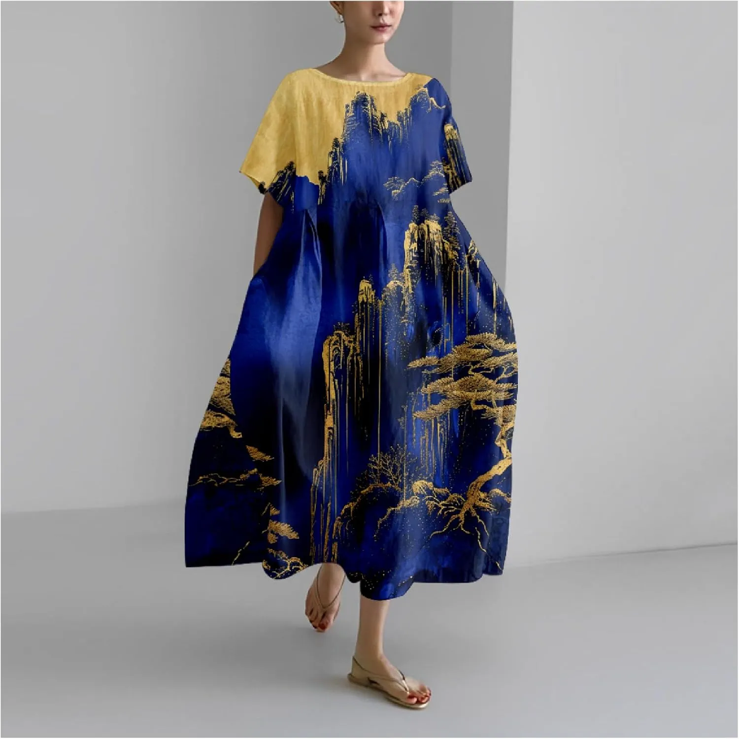 Cotton Linen Dress Floral Print Casual Loose Short Sleeve Crew Neck Maxi Ladies Flowy Summer Long Dresses