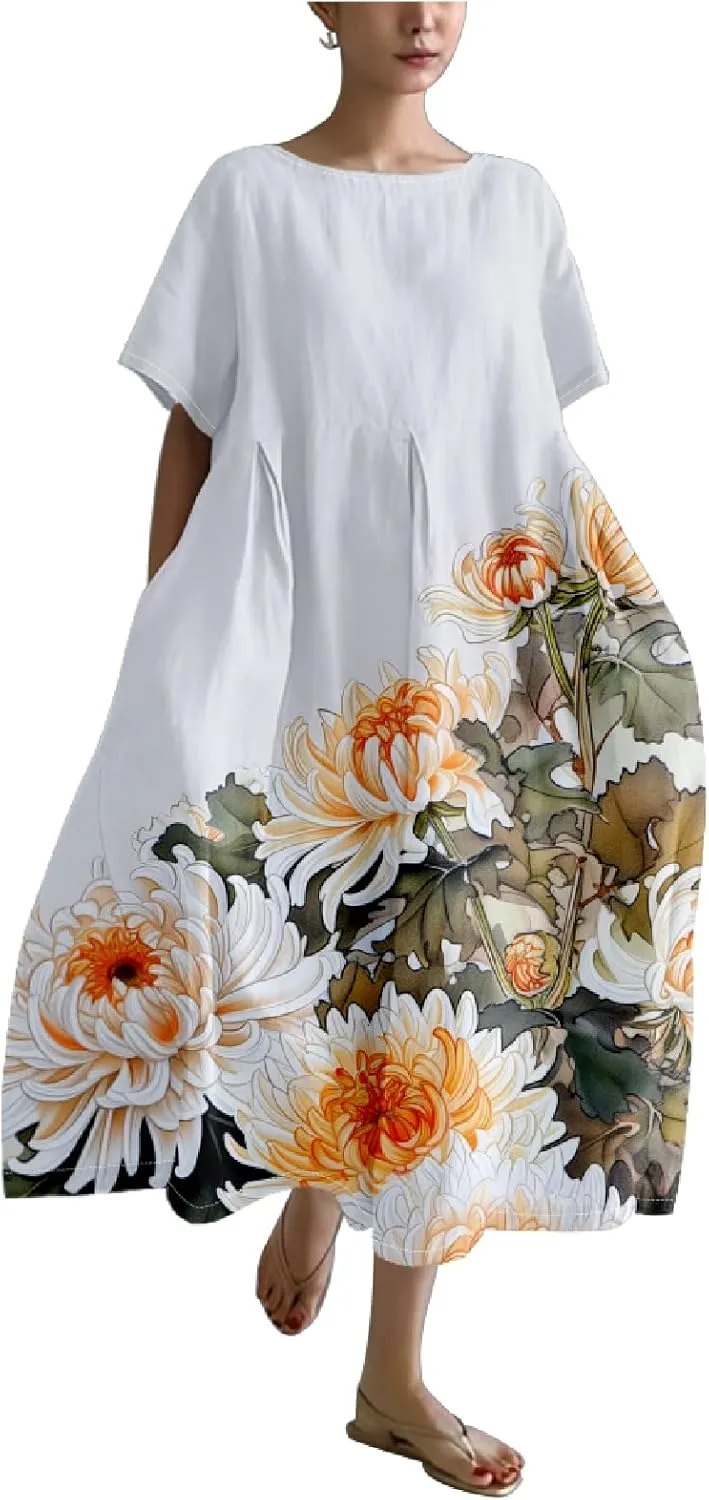 Cotton Linen Dress Floral Print Casual Loose Short Sleeve Crew Neck Maxi Ladies Flowy Summer Long Dresses