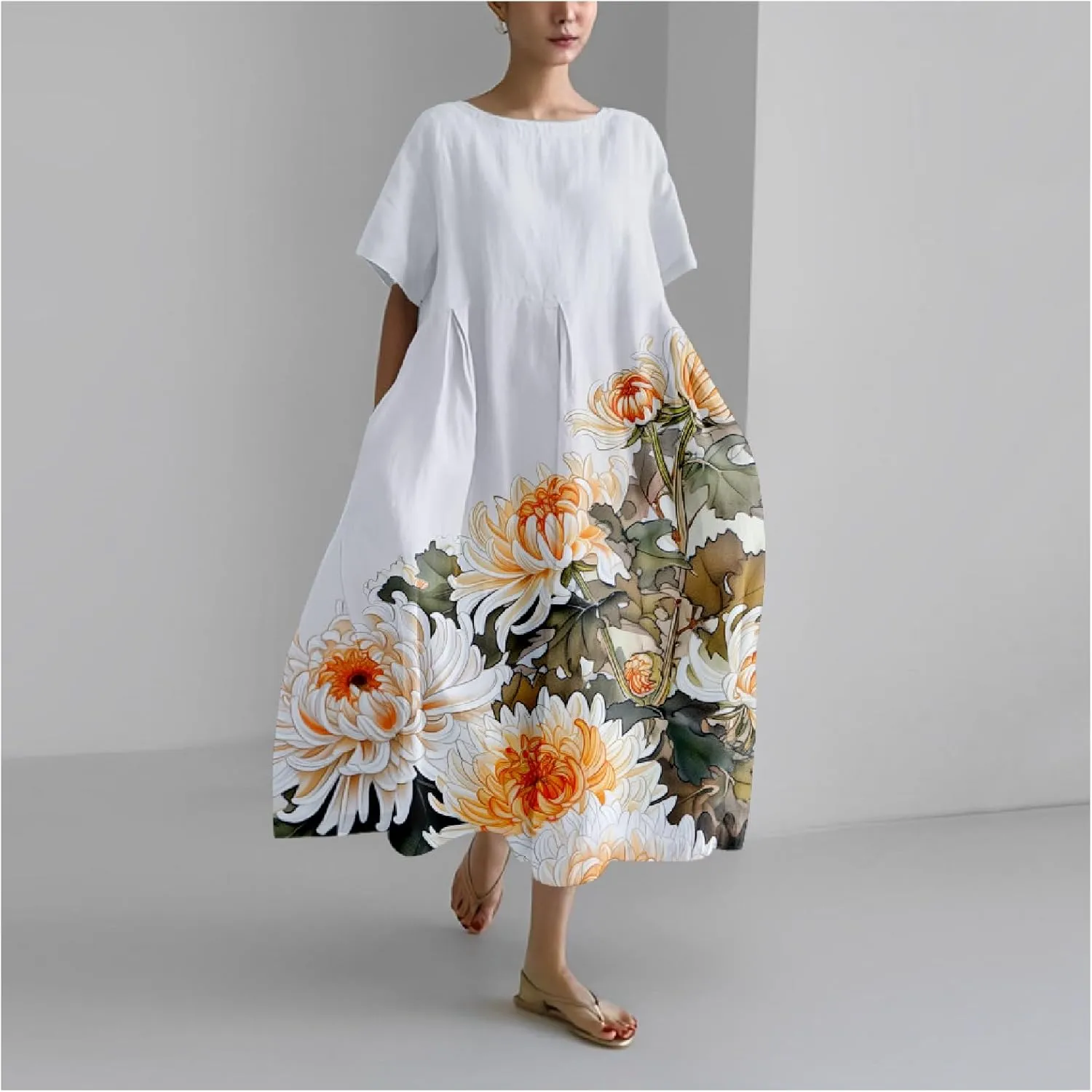 Cotton Linen Dress Floral Print Casual Loose Short Sleeve Crew Neck Maxi Ladies Flowy Summer Long Dresses