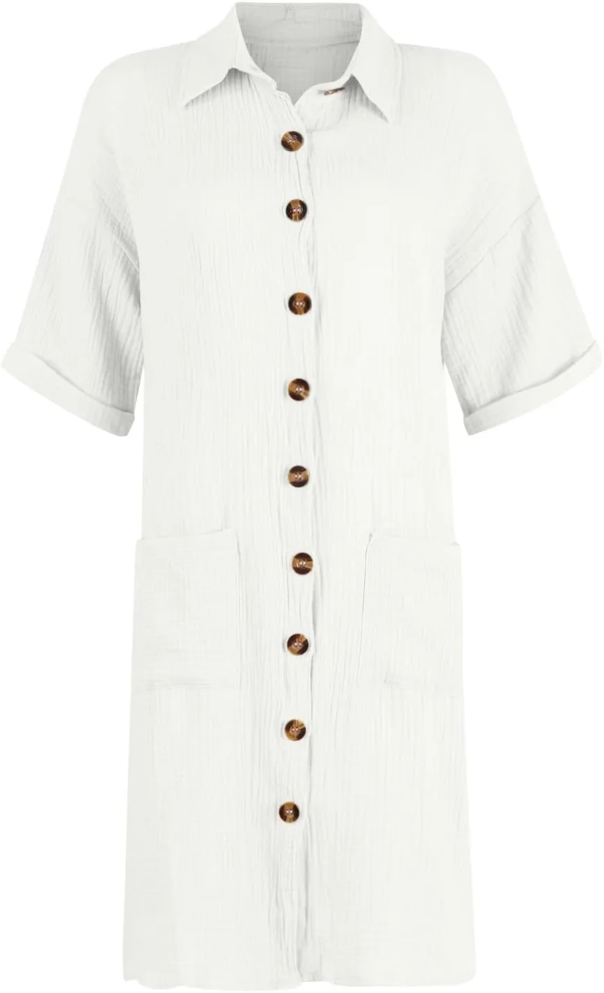 Cotton Linen Shirt Dresses for Women Casual Summer Button Down Short Rolled Sleeve V Neck Dress Loose Comfy Midi Dress