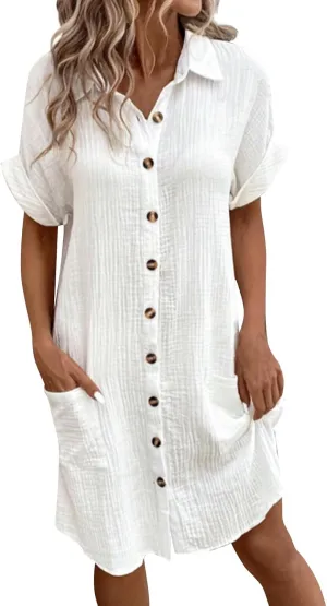 Cotton Linen Shirt Dresses for Women Casual Summer Button Down Short Rolled Sleeve V Neck Dress Loose Comfy Midi Dress