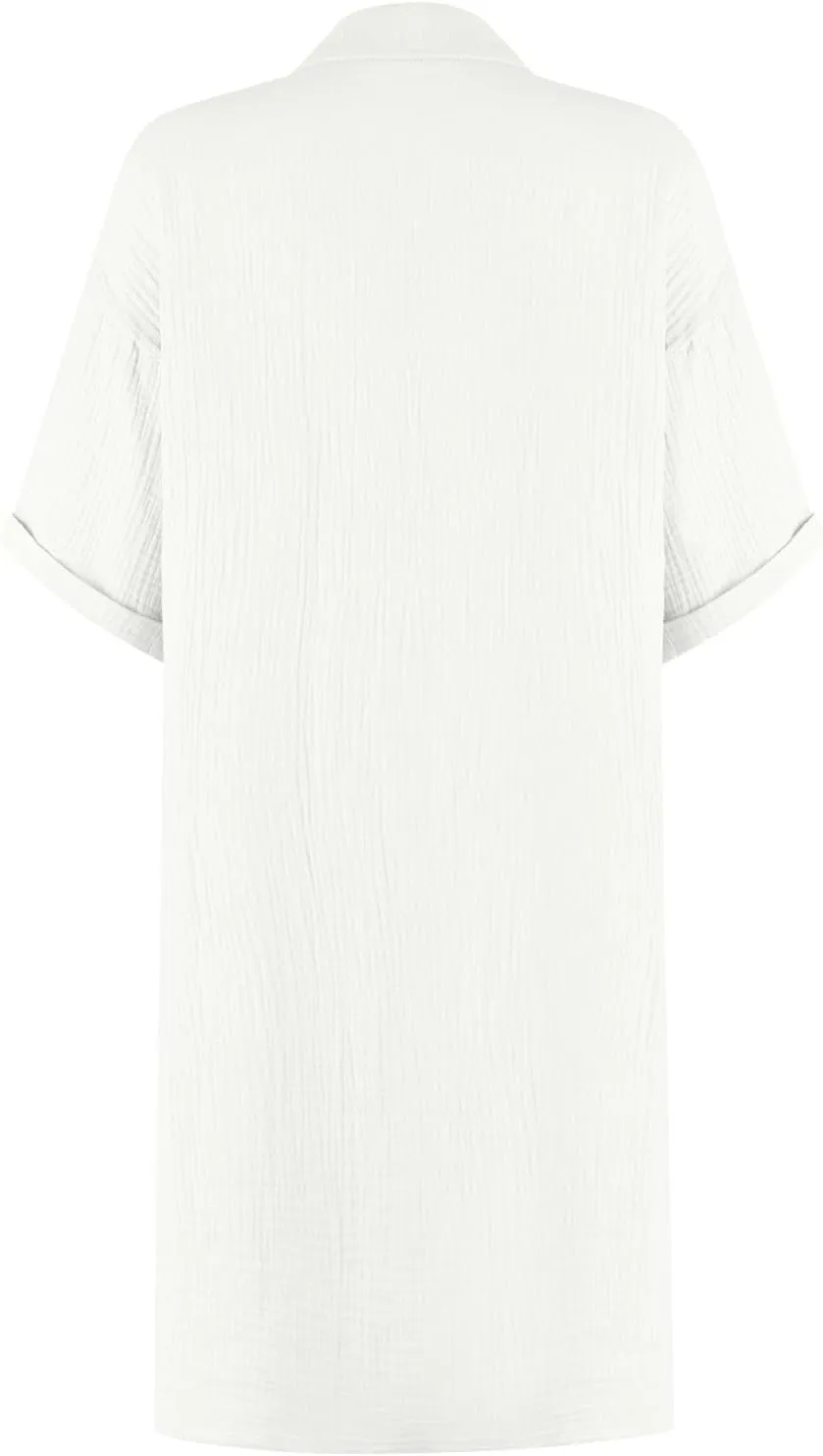 Cotton Linen Shirt Dresses for Women Casual Summer Button Down Short Rolled Sleeve V Neck Dress Loose Comfy Midi Dress