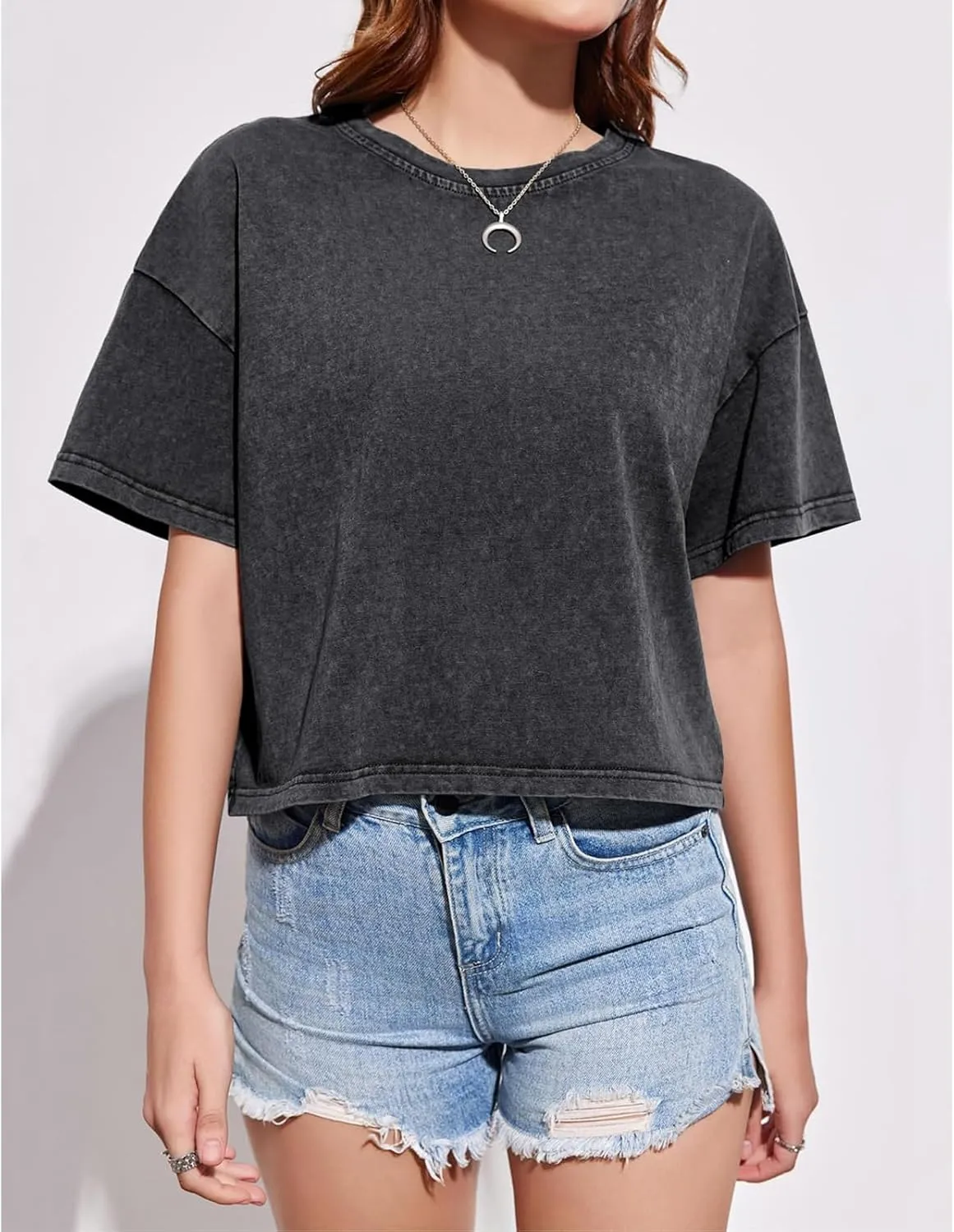 Cotton Loose Crop Tops for Women Acid Wash Cropped T Shirts Trendy Vintage Basic Tees Casual Short Sleeve Tshirt
