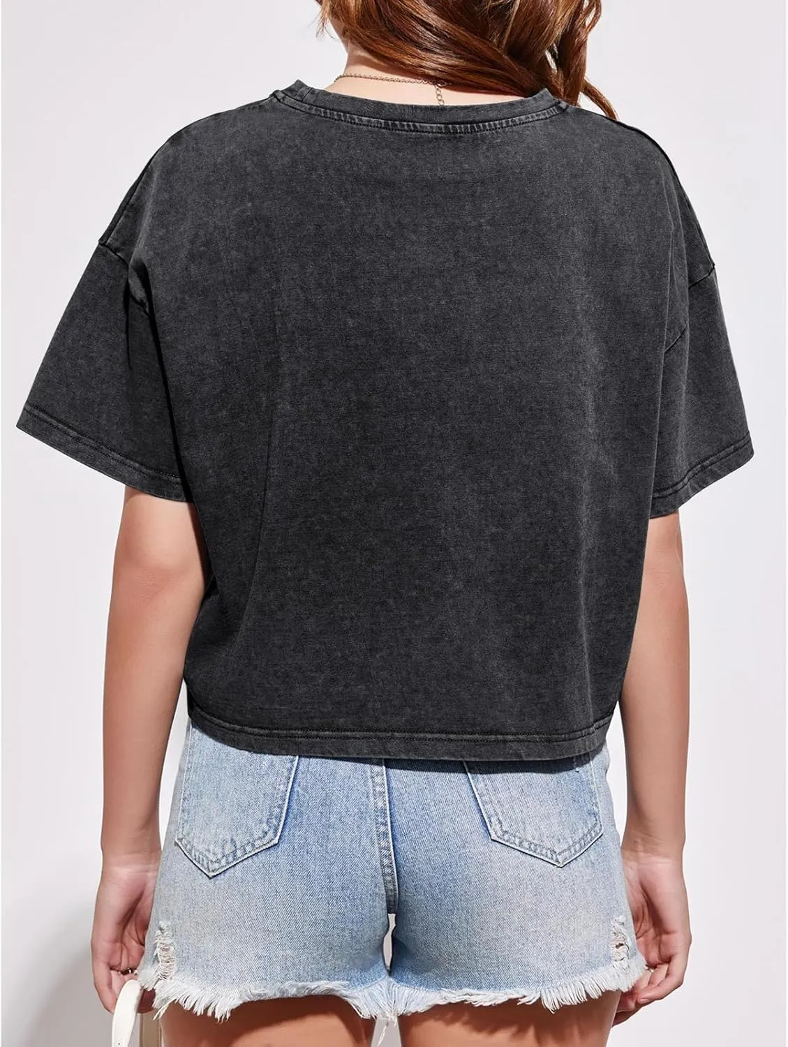 Cotton Loose Crop Tops for Women Acid Wash Cropped T Shirts Trendy Vintage Basic Tees Casual Short Sleeve Tshirt