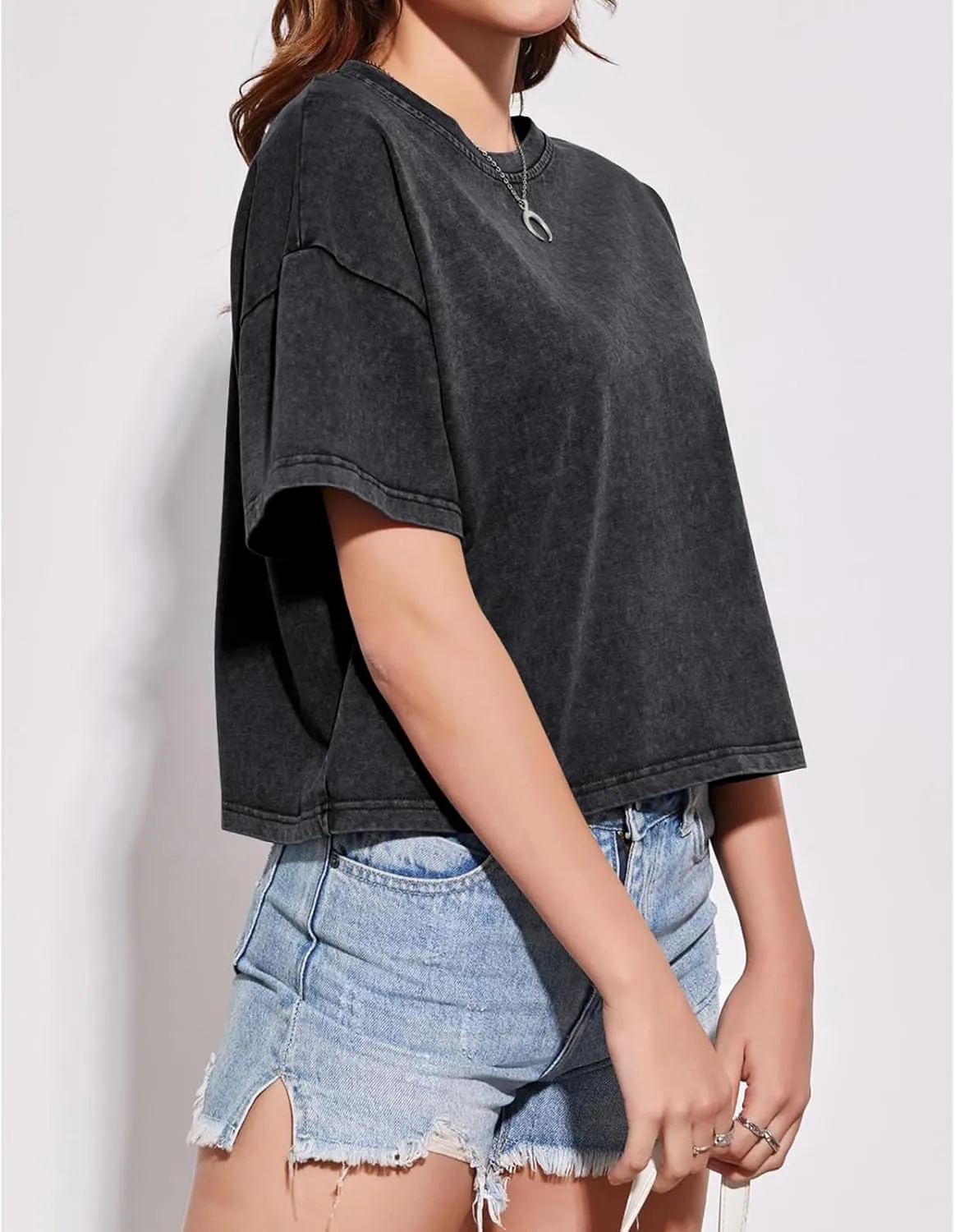 Cotton Loose Crop Tops for Women Acid Wash Cropped T Shirts Trendy Vintage Basic Tees Casual Short Sleeve Tshirt