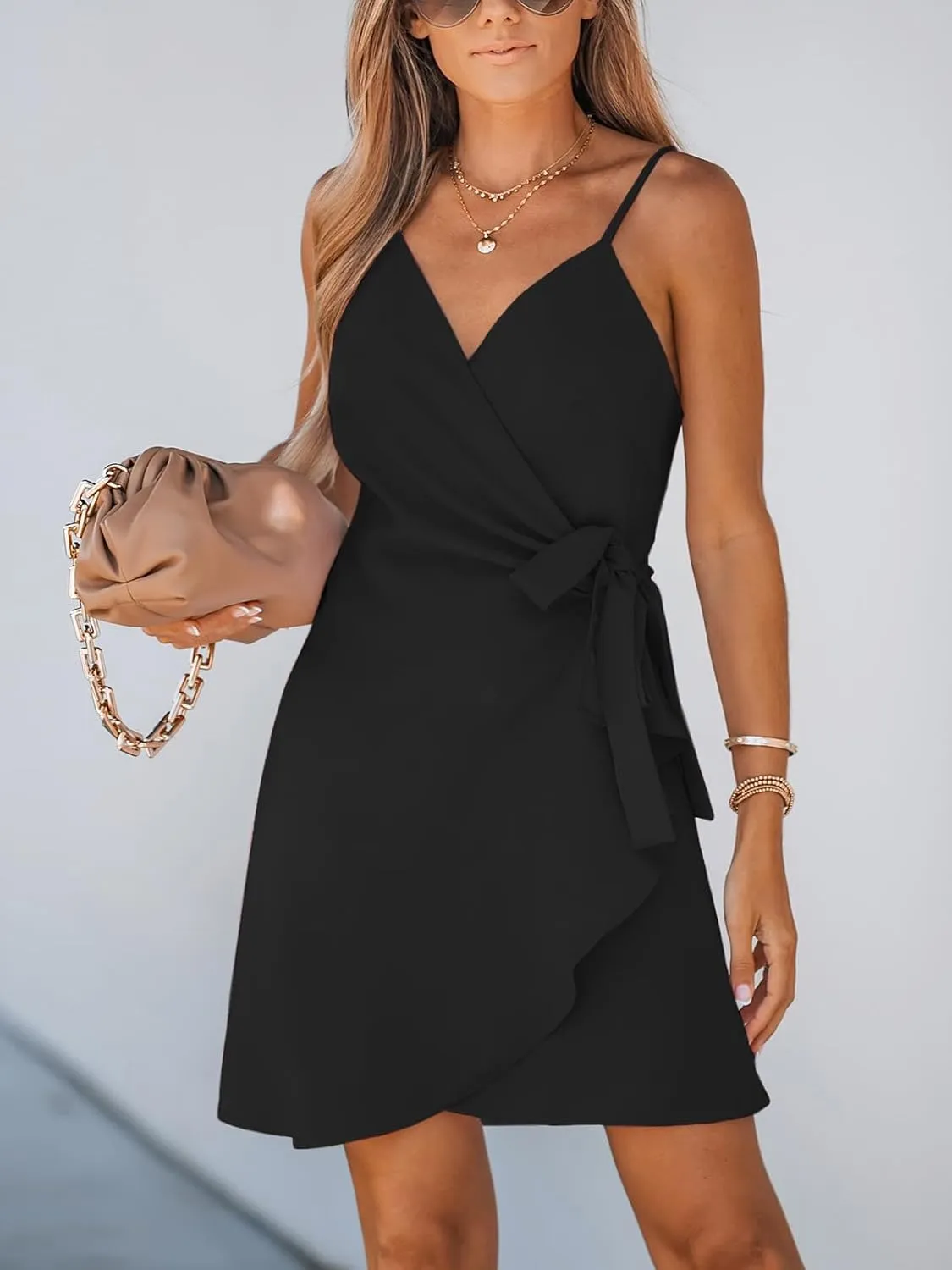 CUPSHE Women Backless Mini Summer Dress Surplice V Neck Wrap Side Waist Tie Spaghetti Strap Casual Holiday Beach Dresses