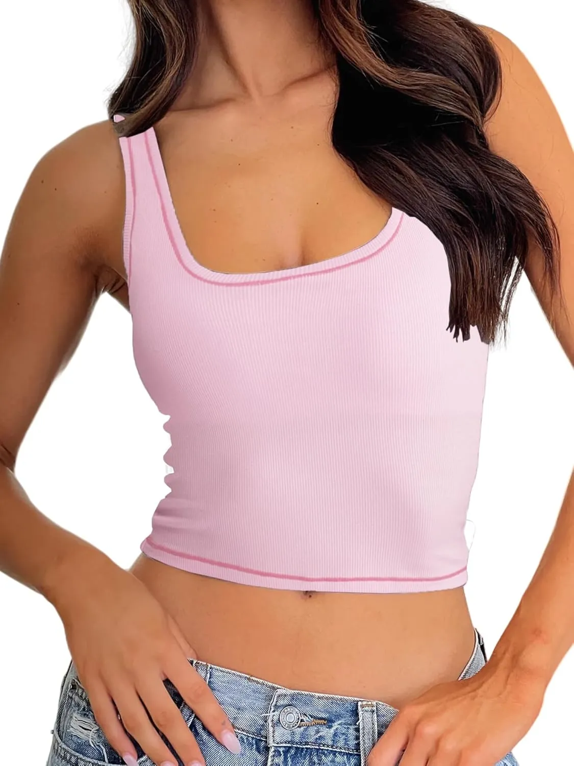 Danysu Women Rib Tank Top Padded Workout Top Square Neck Crop Tank Fitted Basic Cami Tops
