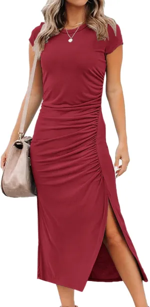DEEP SELF Women's Short Sleeve Ruched Casual Summer Dress Bodycon Midi Dress Side Slit Dress Crew Neck Maxi Dresses