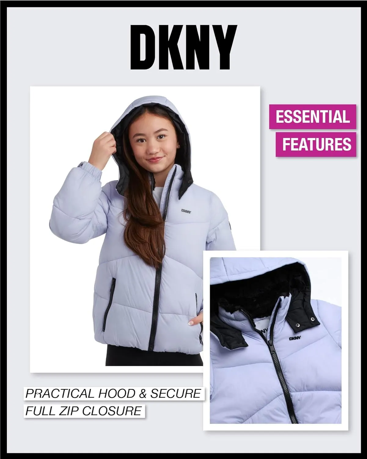 DKNY Girls' Puffer Jacket - Heavyweight Faux Fur Lined Winter Jacket with Hood - Warm Outerwear Jackets for Girls (7-16)