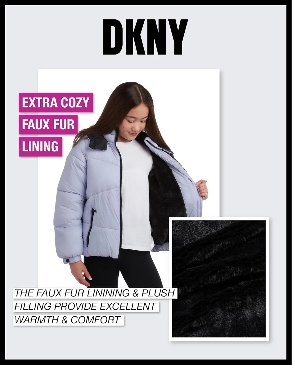 DKNY Girls' Puffer Jacket - Heavyweight Faux Fur Lined Winter Jacket with Hood - Warm Outerwear Jackets for Girls (7-16)