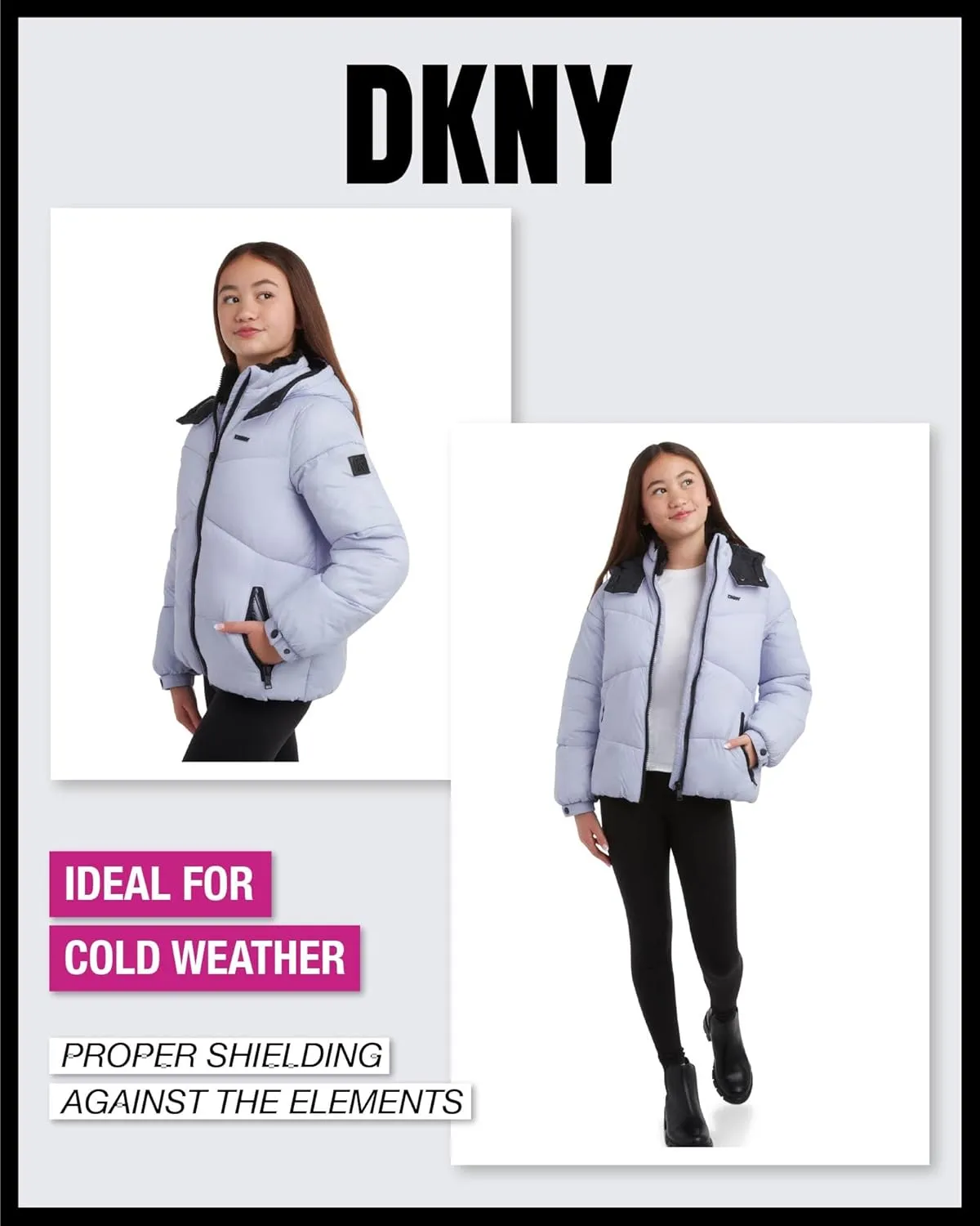 DKNY Girls' Puffer Jacket - Heavyweight Faux Fur Lined Winter Jacket with Hood - Warm Outerwear Jackets for Girls (7-16)