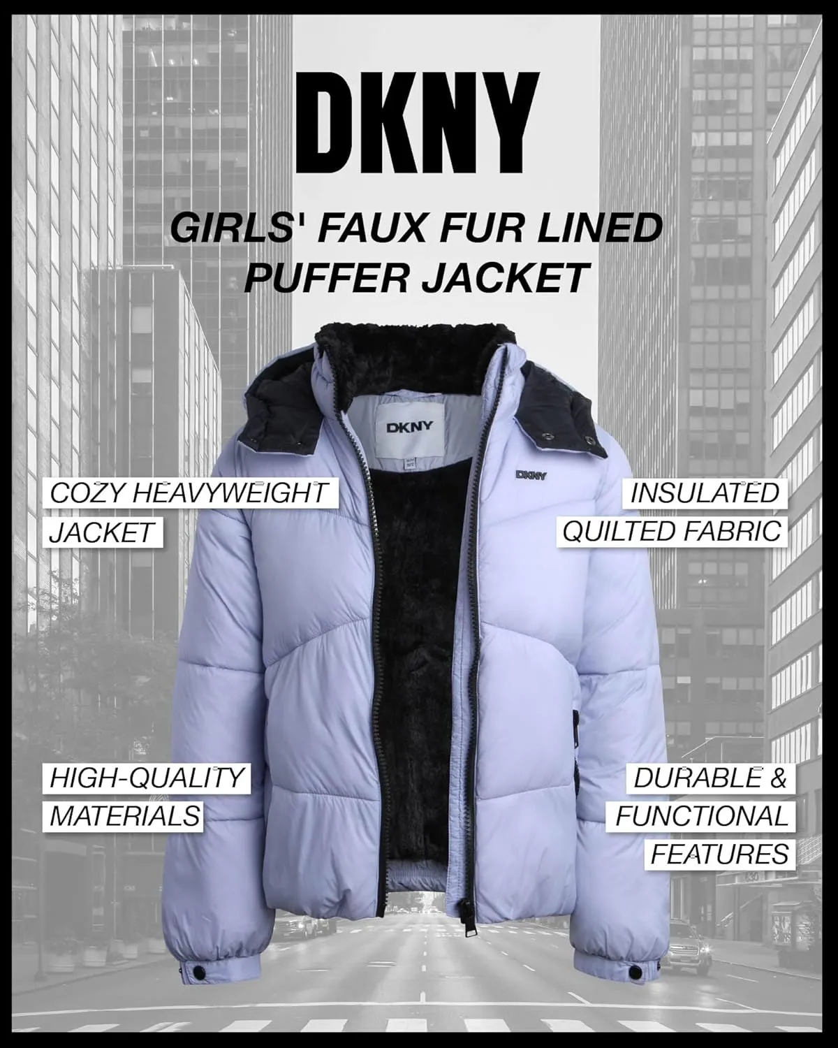 DKNY Girls' Puffer Jacket - Heavyweight Faux Fur Lined Winter Jacket with Hood - Warm Outerwear Jackets for Girls (7-16)