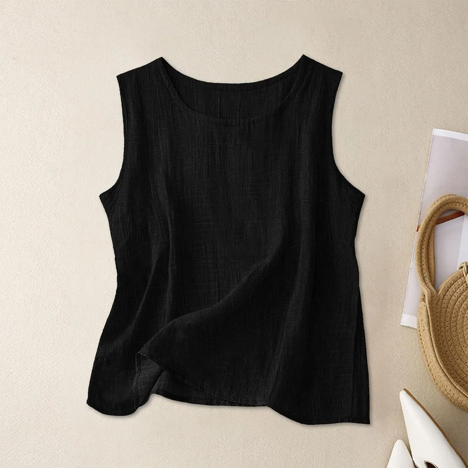 Dressy Tank Tops for Women Cotton Linen Gauze Shirts Sleeveless Summer Tunic Top Loose Fit Lightweight Casual Blouses