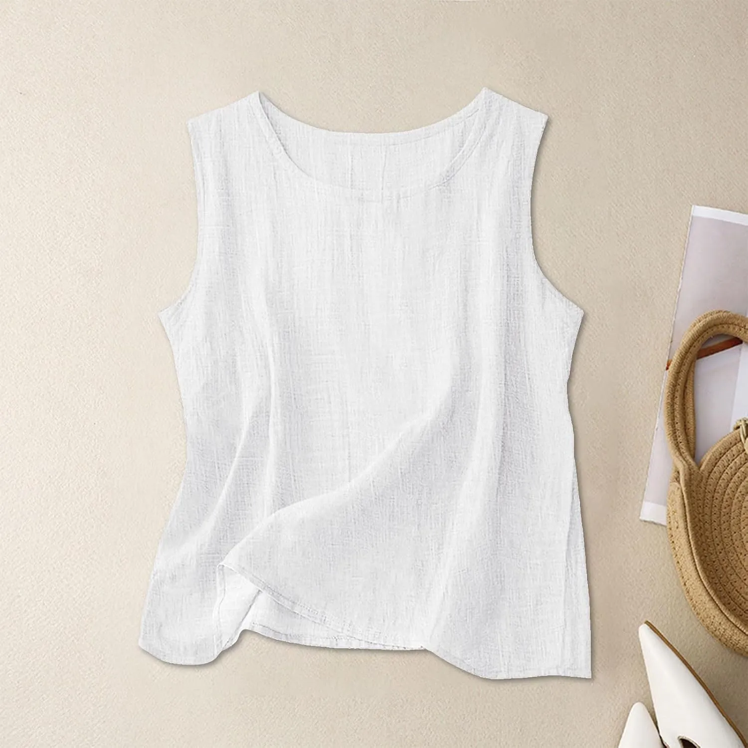 Dressy Tank Tops for Women Cotton Linen Gauze Shirts Sleeveless Summer Tunic Top Loose Fit Lightweight Casual Blouses