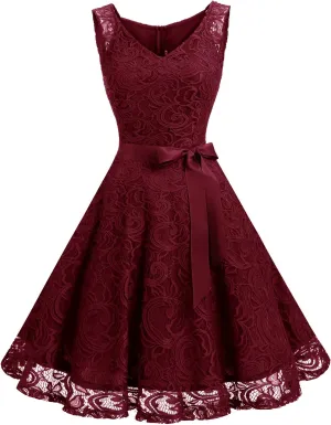 Dressystar Women Floral Lace Bridesmaid Party Dress Short Prom Dress V Neck