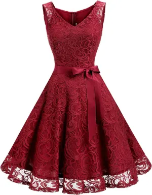 Dressystar Women Floral Lace Bridesmaid Party Dress Short Prom Dress V Neck
