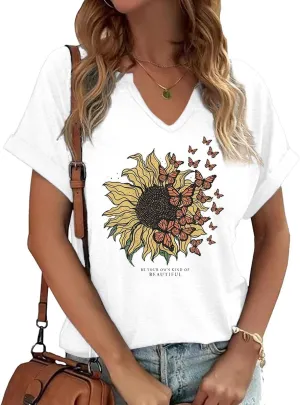 Earlymemb Womens Vintage Flowers V Neck Shirt Boho Floral Wildflowers Graphic Tee Casual Cottagecore Short Sleeve T Shirt