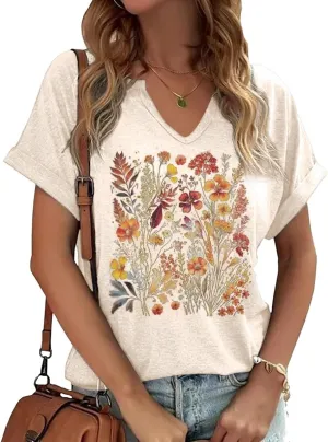 Earlymemb Womens Vintage Flowers V Neck Shirt Boho Floral Wildflowers Graphic Tee Casual Cottagecore Short Sleeve T Shirt