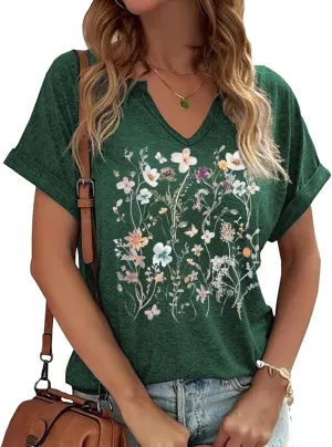Earlymemb Womens Vintage Flowers V Neck Shirt Boho Floral Wildflowers Graphic Tee Casual Cottagecore Short Sleeve T Shirt