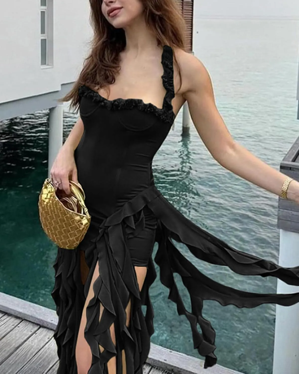 Ecirod Womens Summer Ruffle Fringe Mini Dress Sexy Halter Backless Cocktail Party Short Bodycon Tassel Dresses