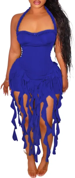 Ecirod Womens Summer Ruffle Fringe Mini Dress Sexy Halter Backless Cocktail Party Short Bodycon Tassel Dresses