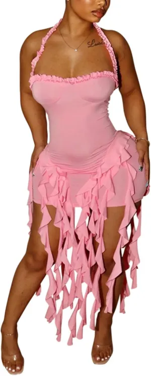 Ecirod Womens Summer Ruffle Fringe Mini Dress Sexy Halter Backless Cocktail Party Short Bodycon Tassel Dresses