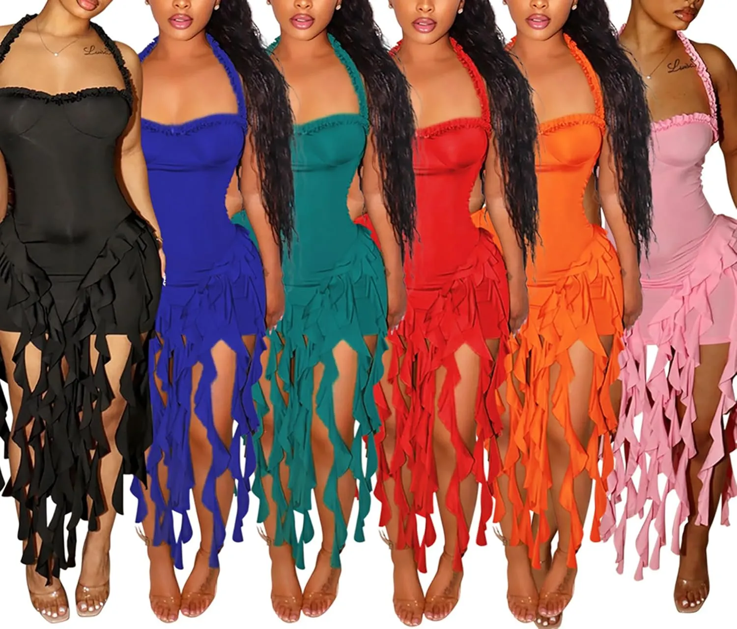 Ecirod Womens Summer Ruffle Fringe Mini Dress Sexy Halter Backless Cocktail Party Short Bodycon Tassel Dresses