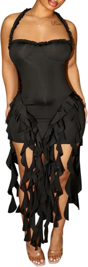 Ecirod Womens Summer Ruffle Fringe Mini Dress Sexy Halter Backless Cocktail Party Short Bodycon Tassel Dresses