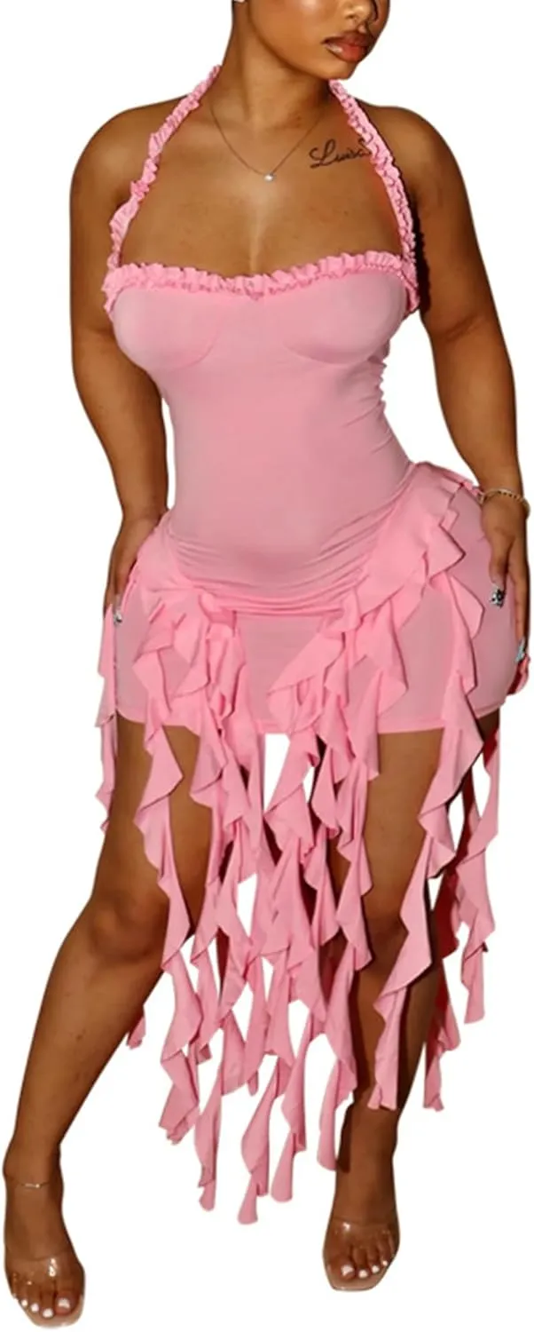 Ecirod Womens Summer Ruffle Fringe Mini Dress Sexy Halter Backless Cocktail Party Short Bodycon Tassel Dresses