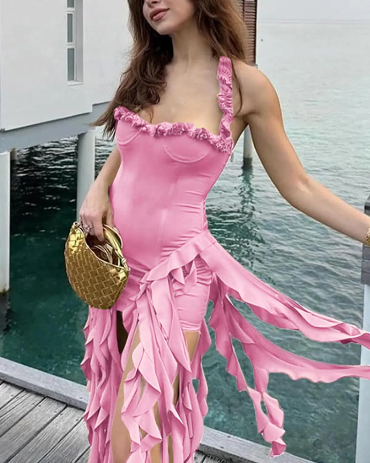 Ecirod Womens Summer Ruffle Fringe Mini Dress Sexy Halter Backless Cocktail Party Short Bodycon Tassel Dresses