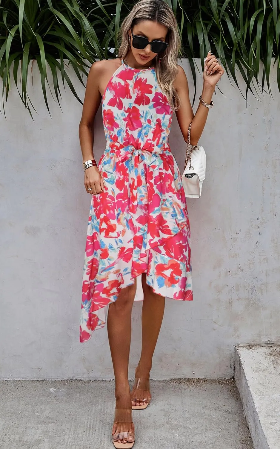 ECOWISH Polka Dot Women Summer Dress Flowy High Low Sleeveless Boho Floral Criss Cross Halterneck Cocktail Midi Sundress 2025