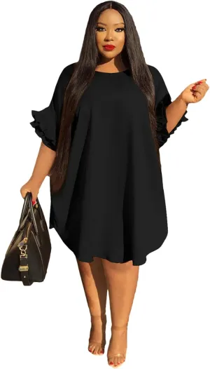 Ekaliy Women's Casual Vintage Ruffle Sleeve Loose Party Midi Plus Size Dress Casual Summer