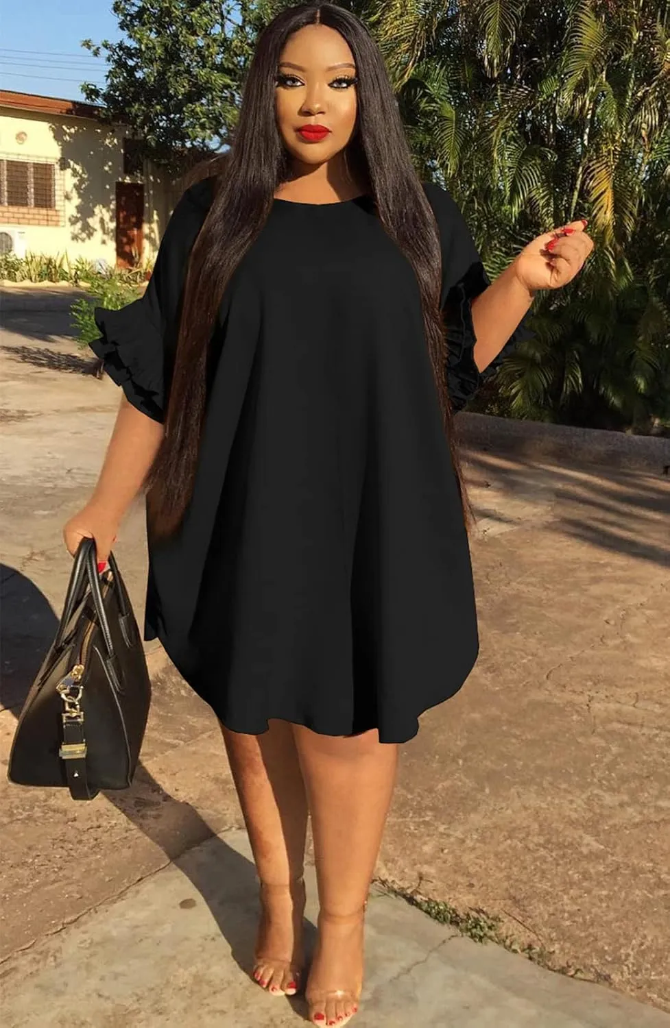 Ekaliy Women's Casual Vintage Ruffle Sleeve Loose Party Midi Plus Size Dress Casual Summer