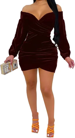 Elainone Women's Off Shoulder Wrap V Neck Velvet Bodycon Dress Ruched Long Puff Sleeve Cocktail Party Mini Dresses