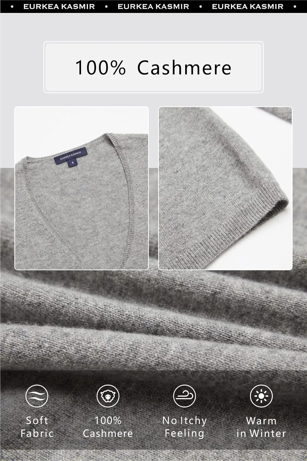 EURKEA Women's V Neck 100% Cashmere Sweater, Long Sleeve Pullover, Winter Top for Women, Gifts Ready