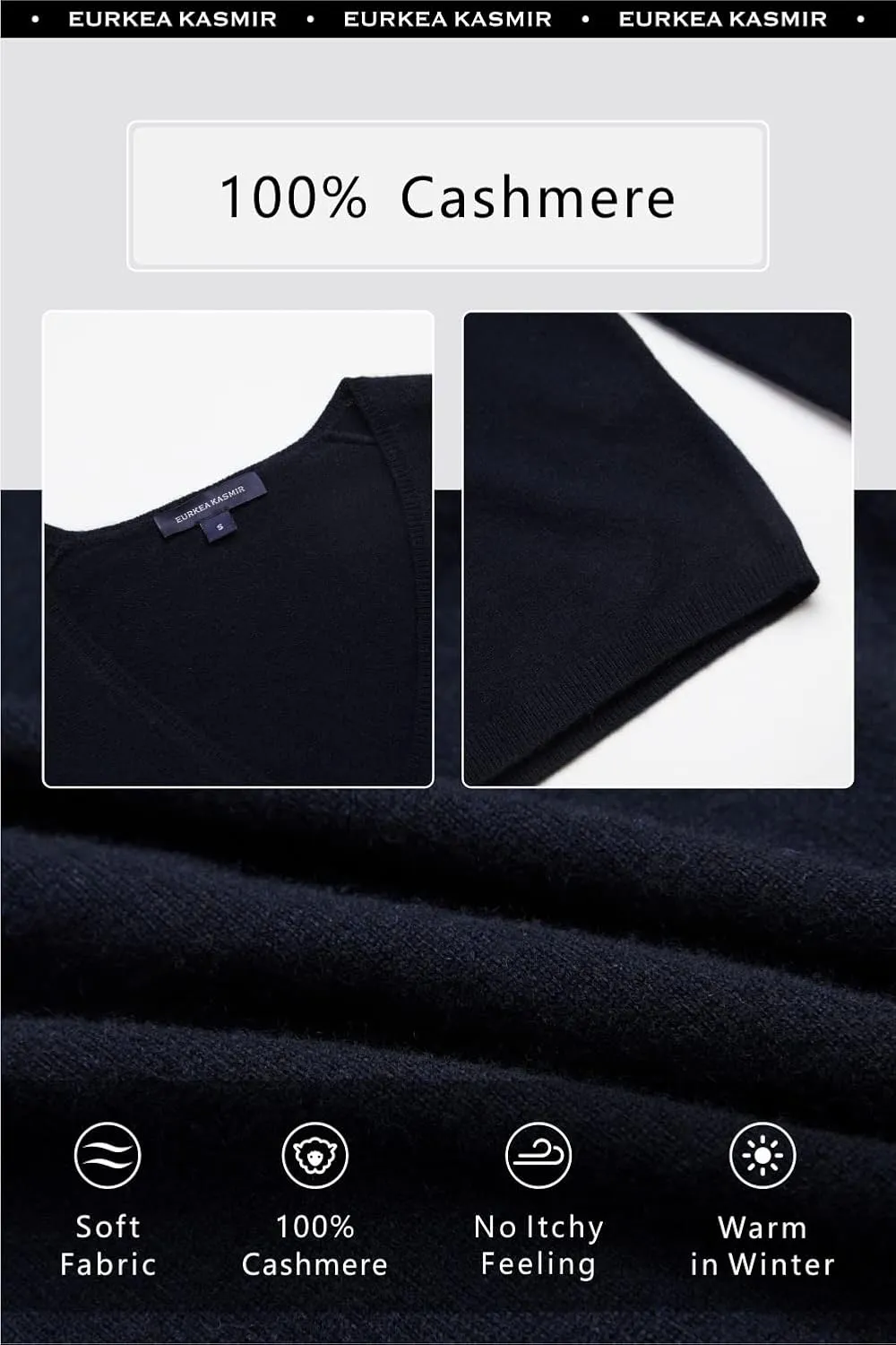 EURKEA Women's V Neck 100% Cashmere Sweater, Long Sleeve Pullover, Winter Top for Women, Gifts Ready