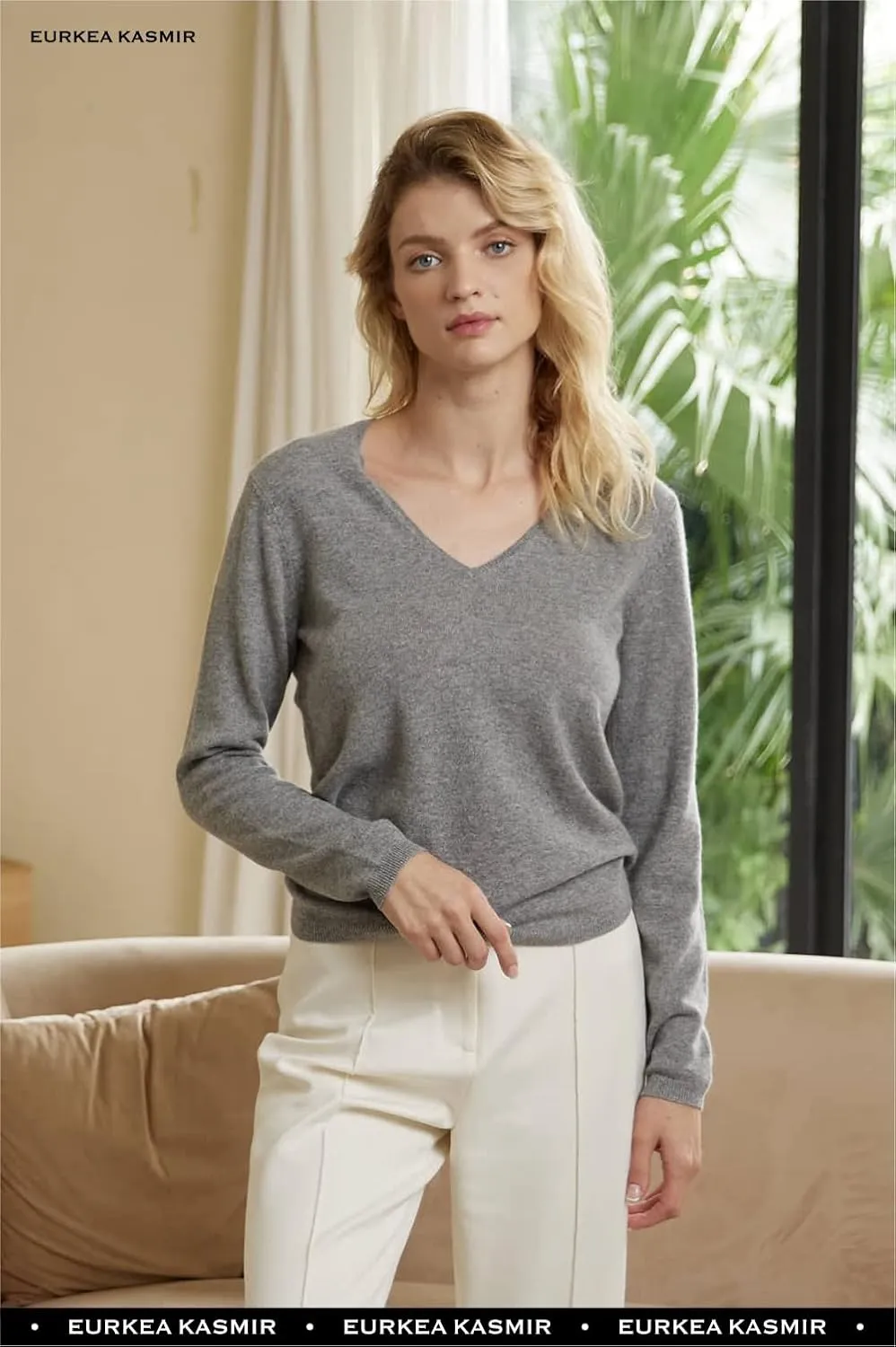 EURKEA Women's V Neck 100% Cashmere Sweater, Long Sleeve Pullover, Winter Top for Women, Gifts Ready