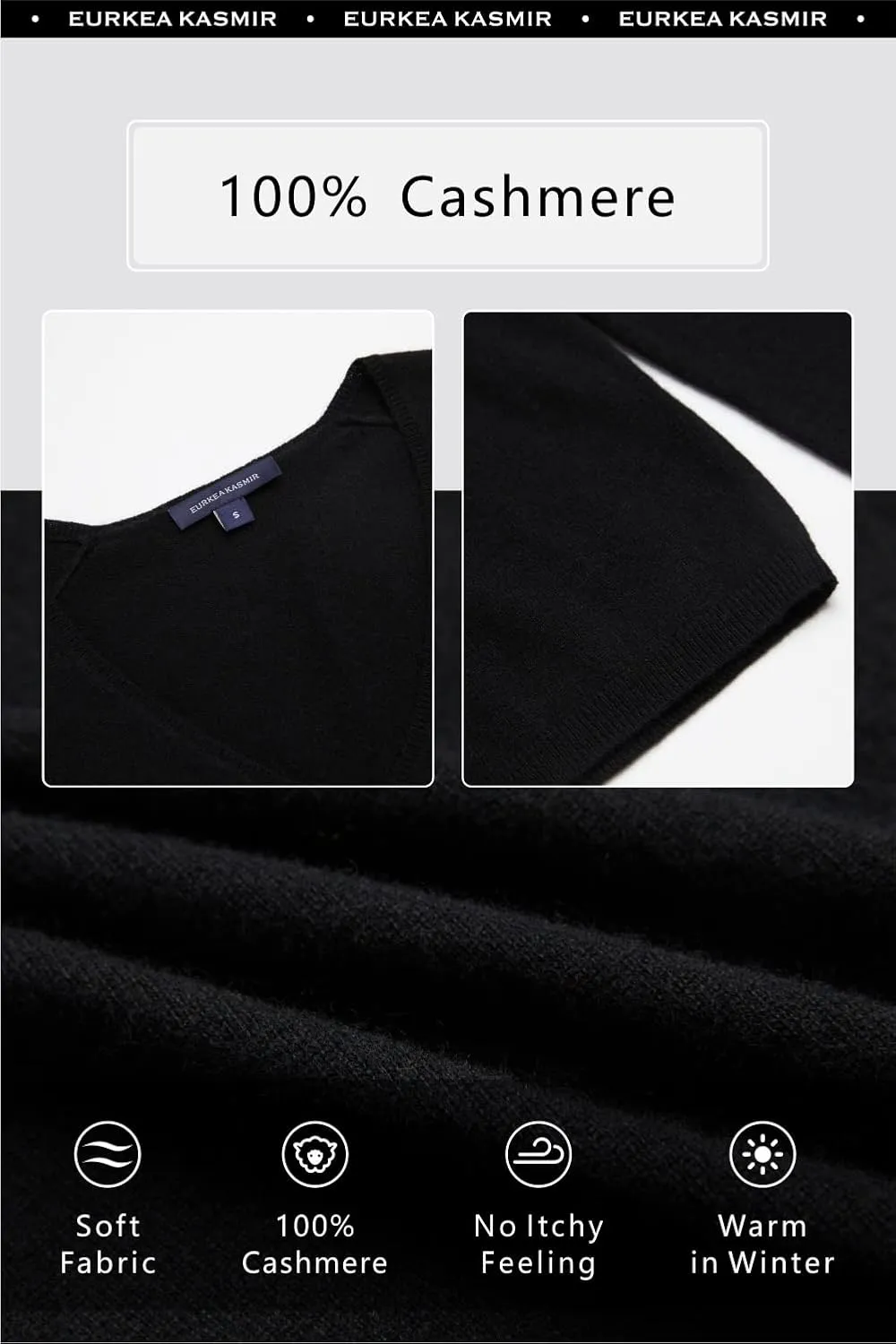 EURKEA Women's V Neck 100% Cashmere Sweater, Long Sleeve Pullover, Winter Top for Women, Gifts Ready