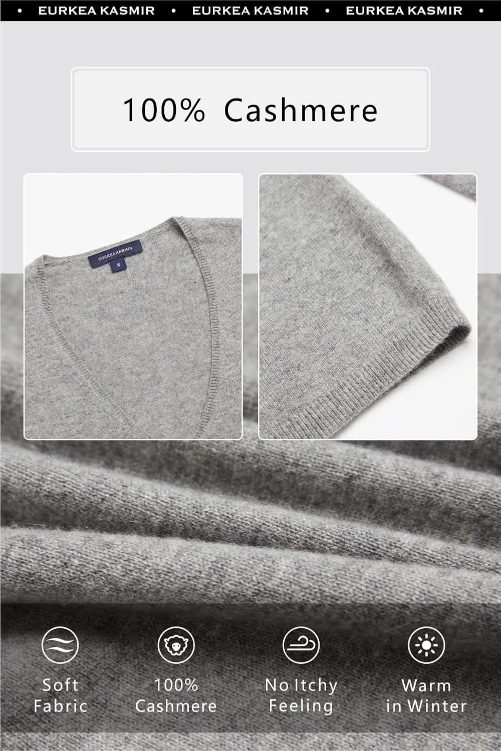 EURKEA Women's V Neck 100% Cashmere Sweater, Long Sleeve Pullover, Winter Top for Women, Gifts Ready
