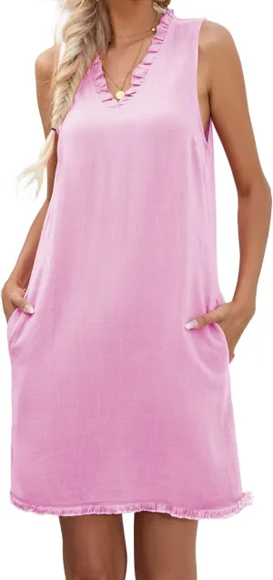Famulily Women Cute Sleeveless Ruffled Deep V Neck Dresses Cotton Linen Dress for Summer Casual Shift Dress with Pockets