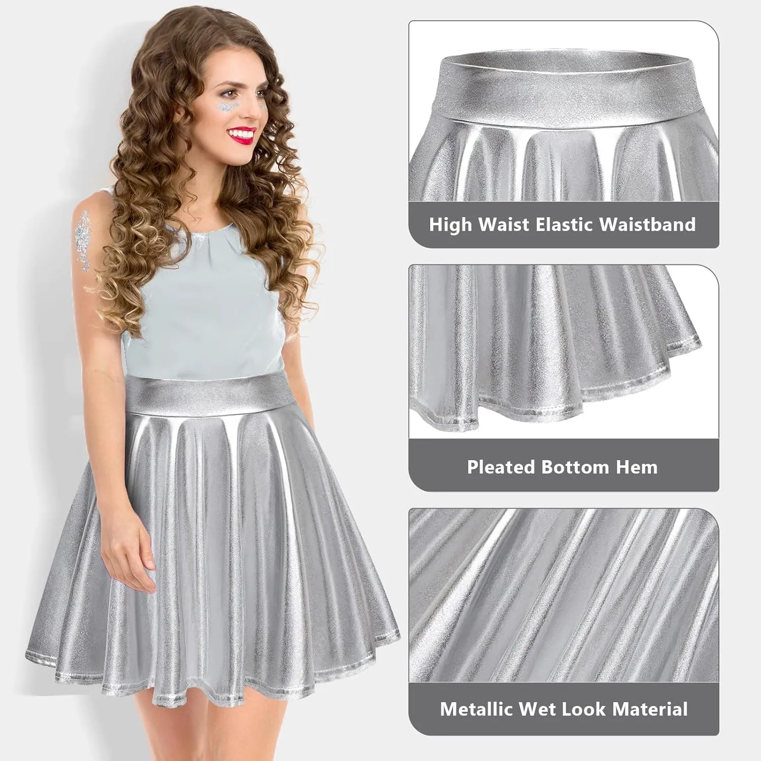 Farochy Flared Pleated Mini Skater Skirt Metallic Skirt Halloween Alien Headband with Face Glitter
