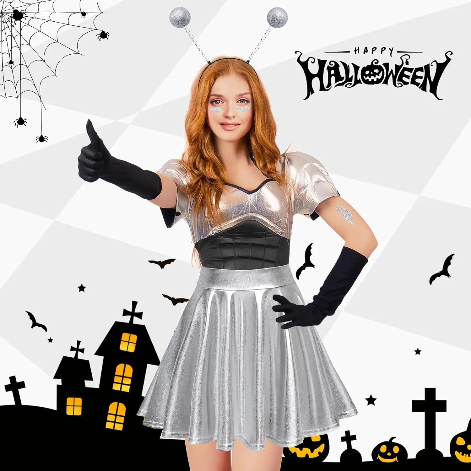 Farochy Flared Pleated Mini Skater Skirt Metallic Skirt Halloween Alien Headband with Face Glitter