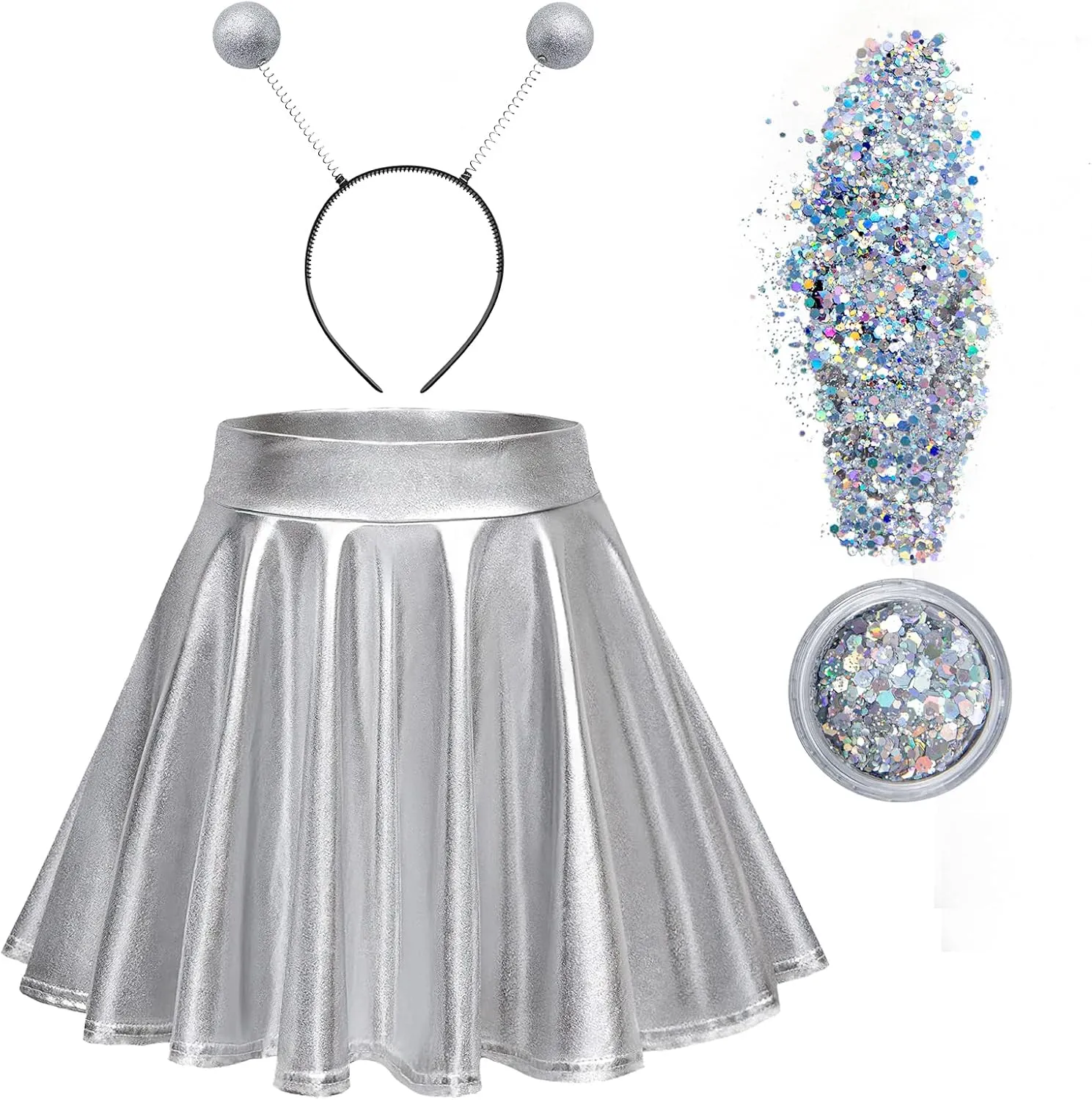 Farochy Flared Pleated Mini Skater Skirt Metallic Skirt Halloween Alien Headband with Face Glitter