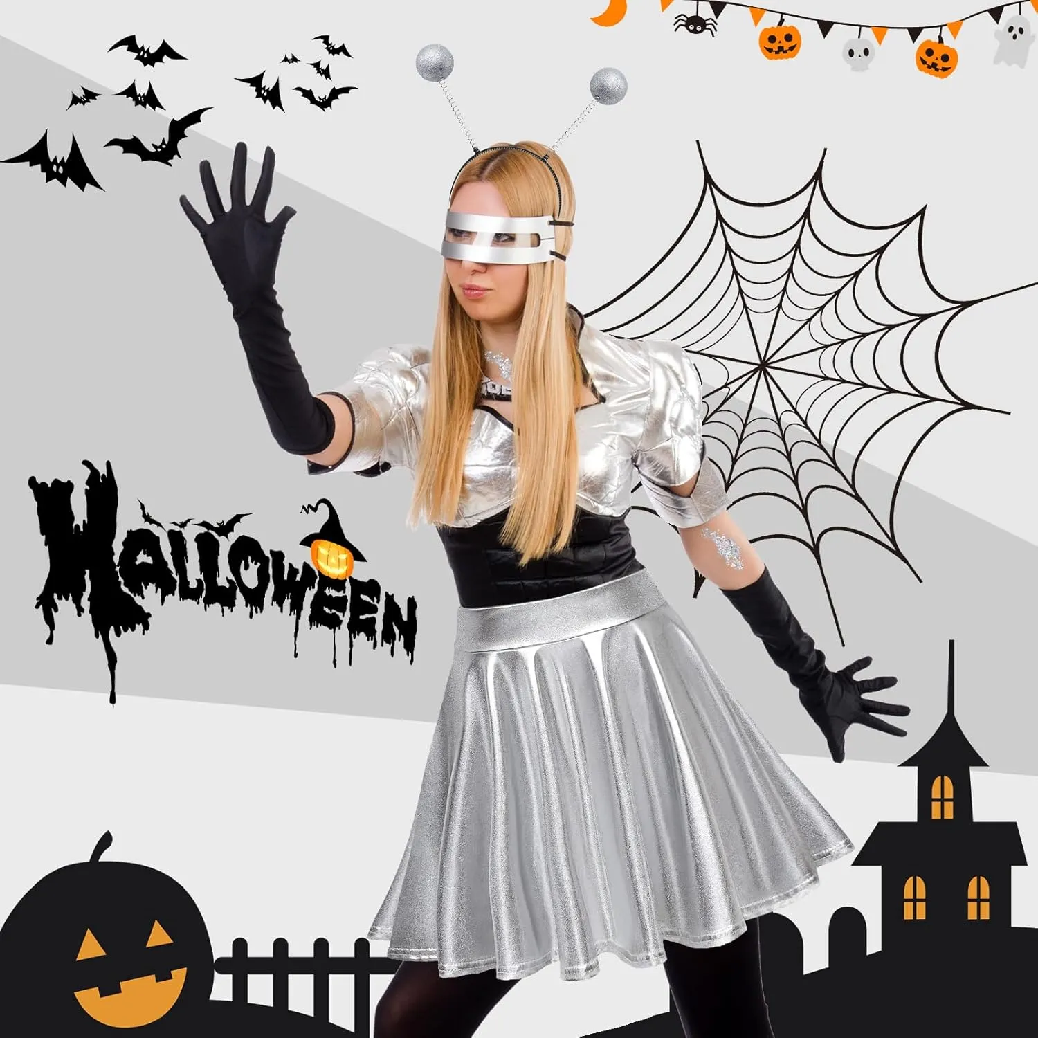 Farochy Flared Pleated Mini Skater Skirt Metallic Skirt Halloween Alien Headband with Face Glitter