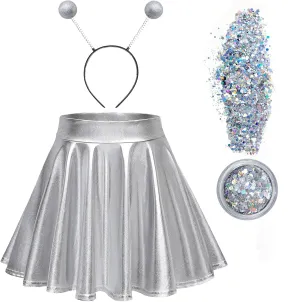Farochy Flared Pleated Mini Skater Skirt Metallic Skirt Halloween Alien Headband with Face Glitter