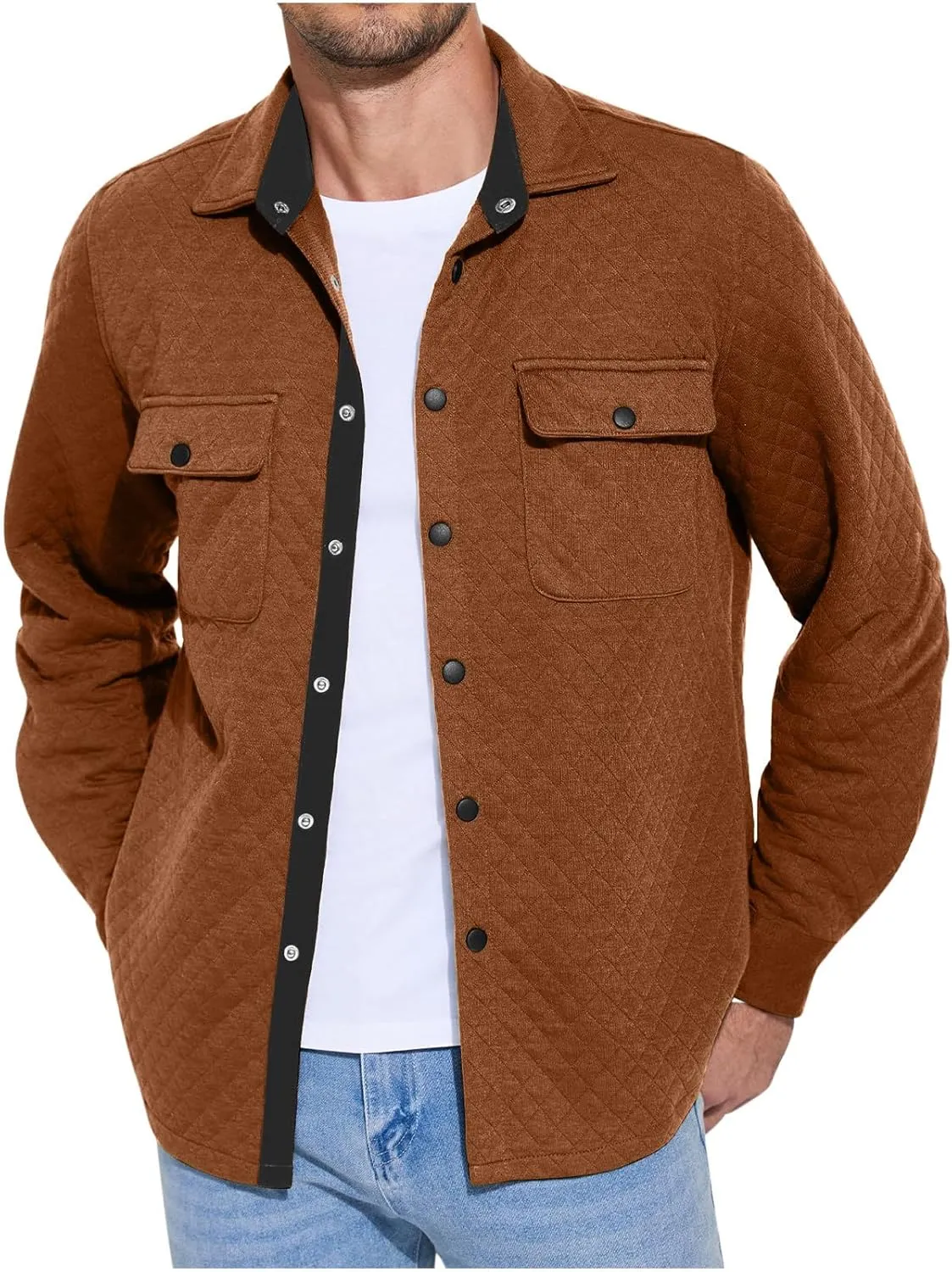 Finelylove Mens Shirt Jacket Lightweight Quilted Snap Shacket Jacket Casual Fashion Bomber Jacket Fall Outwear Coat