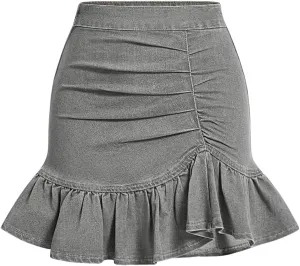 Floerns Women's Denim Skirts Ruffle Hem Short Skirts Ruched Bodycon Mini Skirts